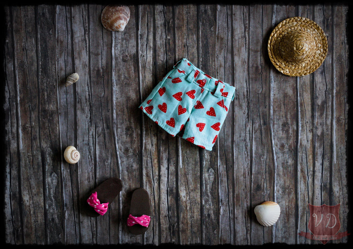 Mint Green Red Heart Print Pocket Shorts, Hot Pants & Smocked Crop Top, Blouse with Buttons, Cute Summer Outfit, Set for Slim MSD, Minifee, 1/4 BJD