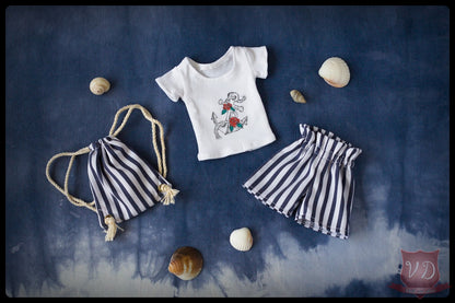 Anchor Pattern White T-shirt, Striped Paperbag Shorts & String Bag Set, Sailor Navy Style, Pretty Summer Fashion Outfit for Slim MSD, Minifee, 1/4 BJD Doll