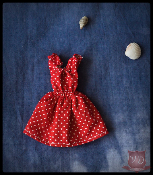 Red Polka Dotted Retro Smocked Dress for Barbies, 1/6 dolls