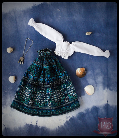 Boho Tribal Print Blue Ruffle Midi Skirt, White Puff Sleeve Crop Blouse & Dreamcatcher Necklace Set, Bohemian Hippie Outfit for Slim MSD, Minifee, 1/4 BJD Doll