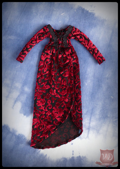 Dark Red Long Lace Up Front, Gothic, Medieval Velvet Dress for MSD, Minifee, 1/4 BJD