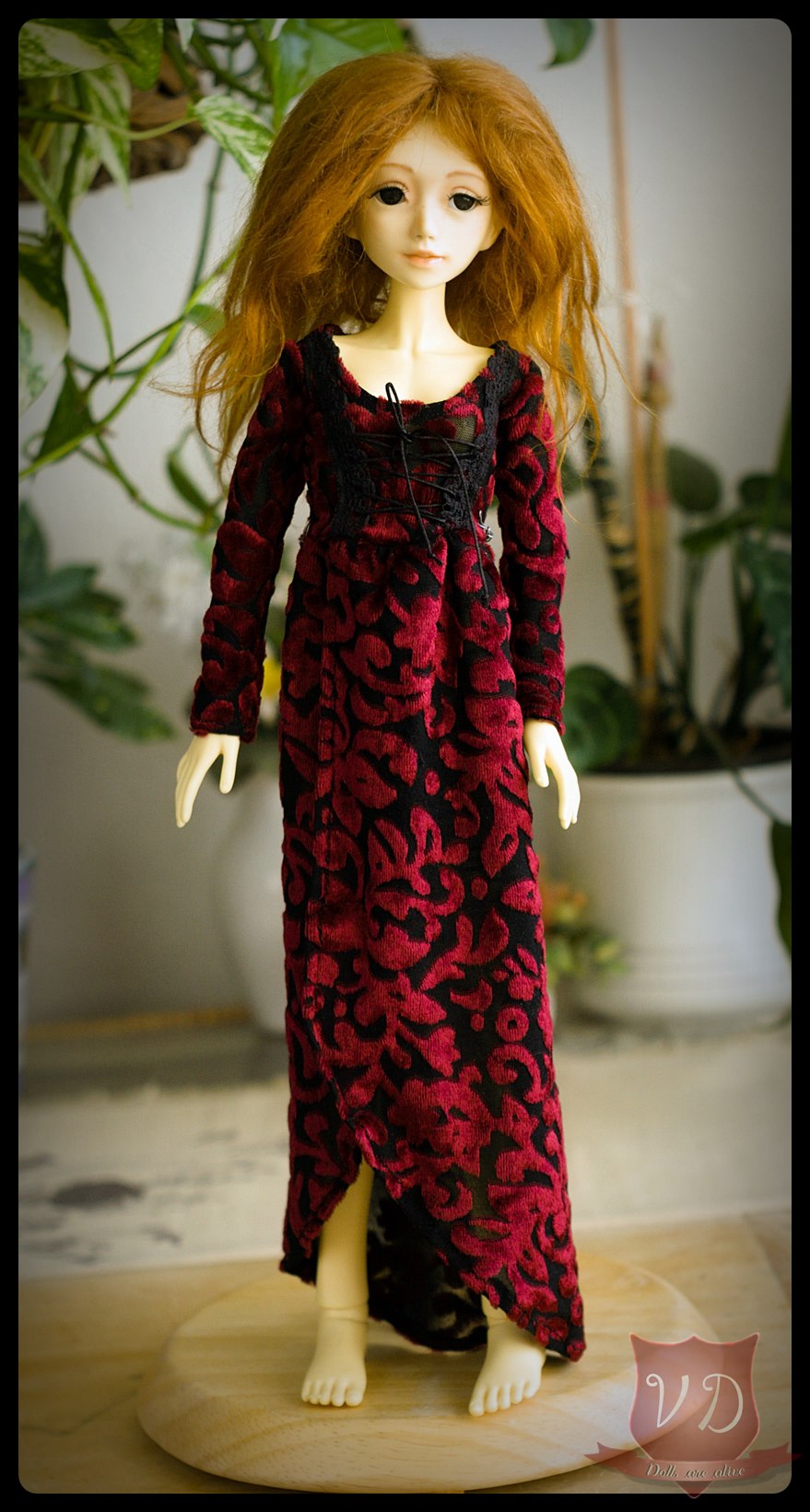 Dark Red Long Lace Up Front, Gothic, Medieval Velvet Dress for MSD, Minifee, 1/4 BJD