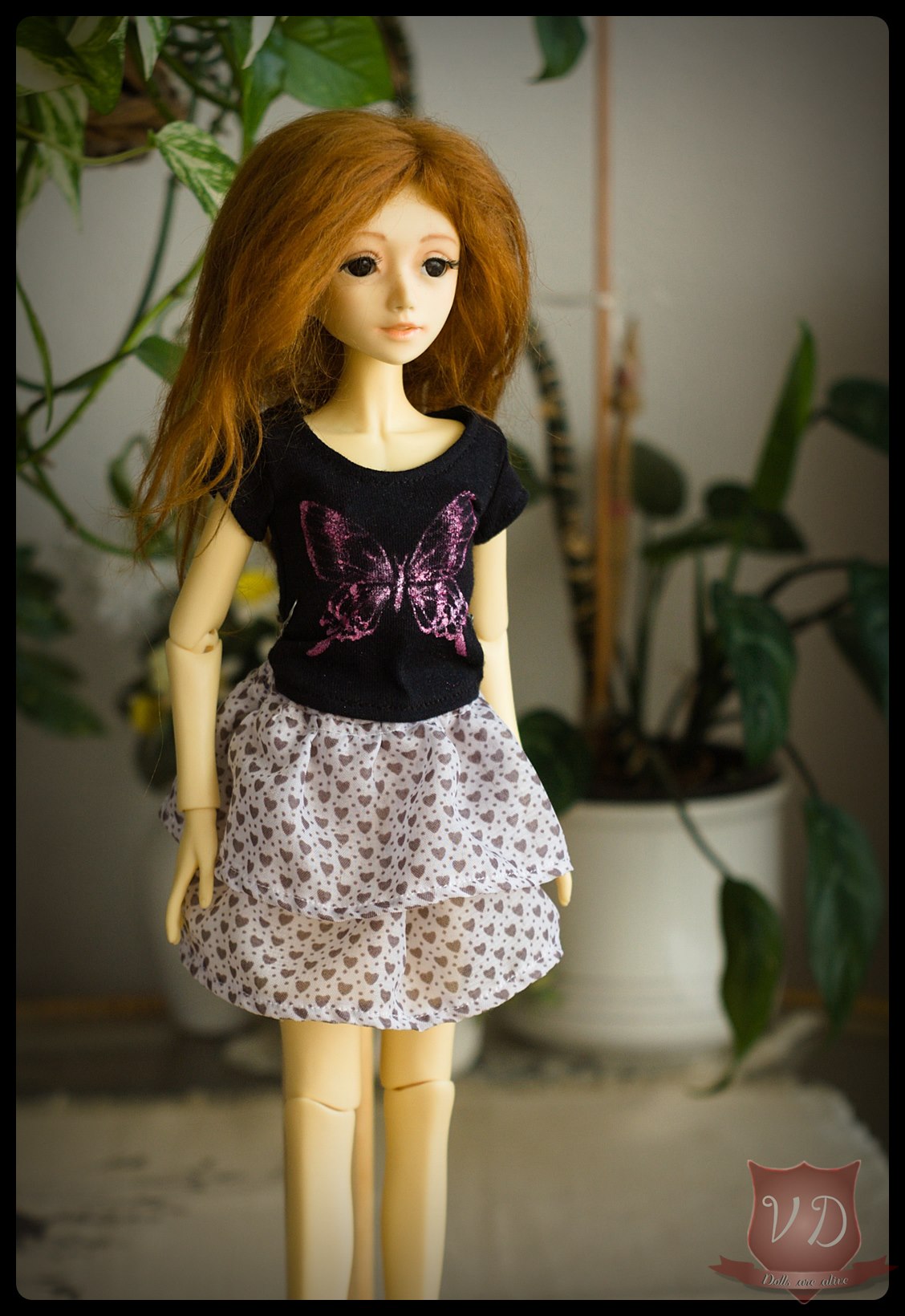 Black/Pink Butterfly Pattern T-shirt, Top for MSD, Minifee, 1/4 BJD doll