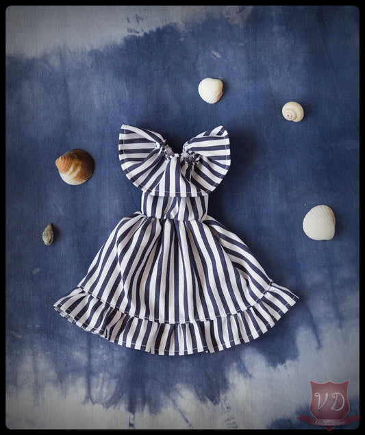 Blue/White Vertical Striped Shoulder Off, Ruffle Frilly Summer Dress, Fashion Outfit for Slim MSD, Minifee, 1/4 BJD Doll