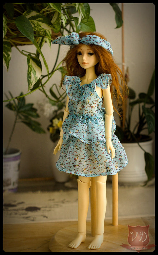 Blue Cherry Blossom Flower Print Shoulder Off Ruffle Chiffon Dress with Headband, Pretty Summer Outfit, Romatic Style Set for Slim MSD, Minifee, 1/4 BJD Doll