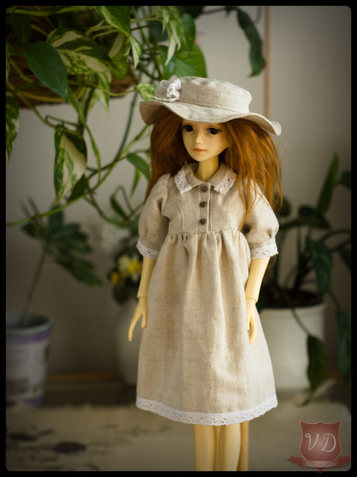 Mori Girl Vintage Lace Beige Burlap Dress with Hat for MSD, Minifee, 1/4 BJD