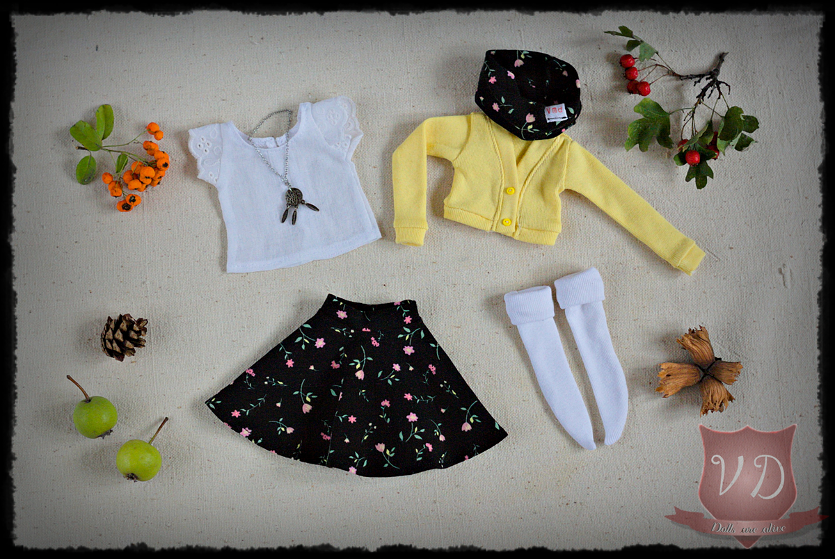 Flower Skirt, Yellow Cardigan, Lace Blouse, Tube Scarf & Dreamcatcher Necklace Set, Outfit for Slim MSD, MInifee