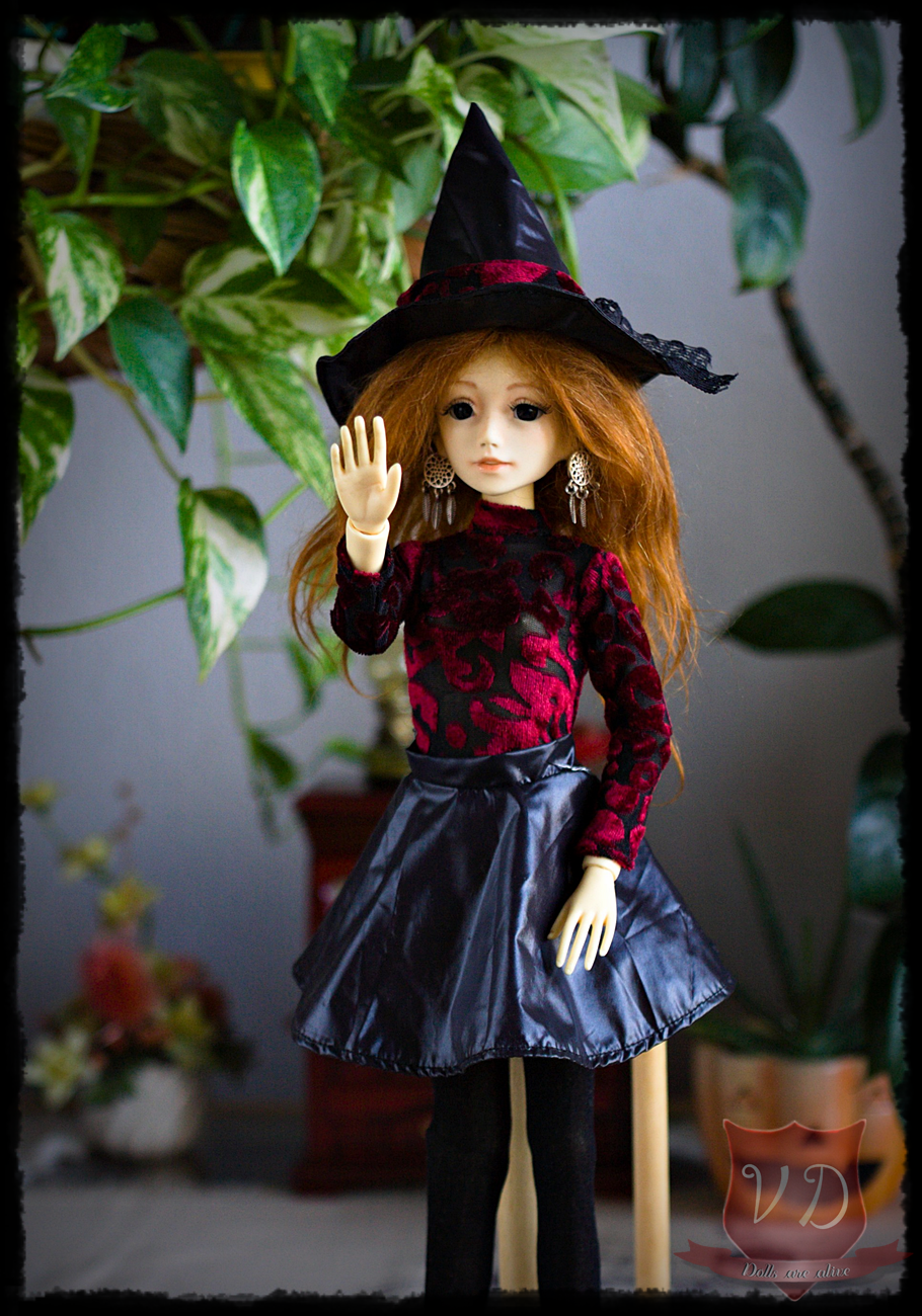 Halloween Witch Costume - Red Velvet Bodysuit, Shiny Black Skirt, Hat & Stockings Outfit for MSD, Minifee, 1/4 BJD