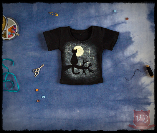 Black Cat Silhouette by the Moon Pattern T-shirt, Tee, Cute Kitty at Night Fashion Top for MSD, Minifee, 1/4 BJD Doll