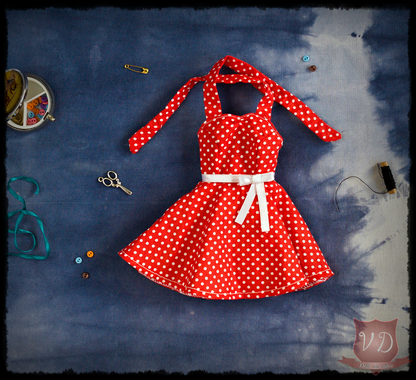 Red Polka Dotted Halter Neck Rockabilly Pin Up Dress for MSD, Minifee, 1/4 BJD