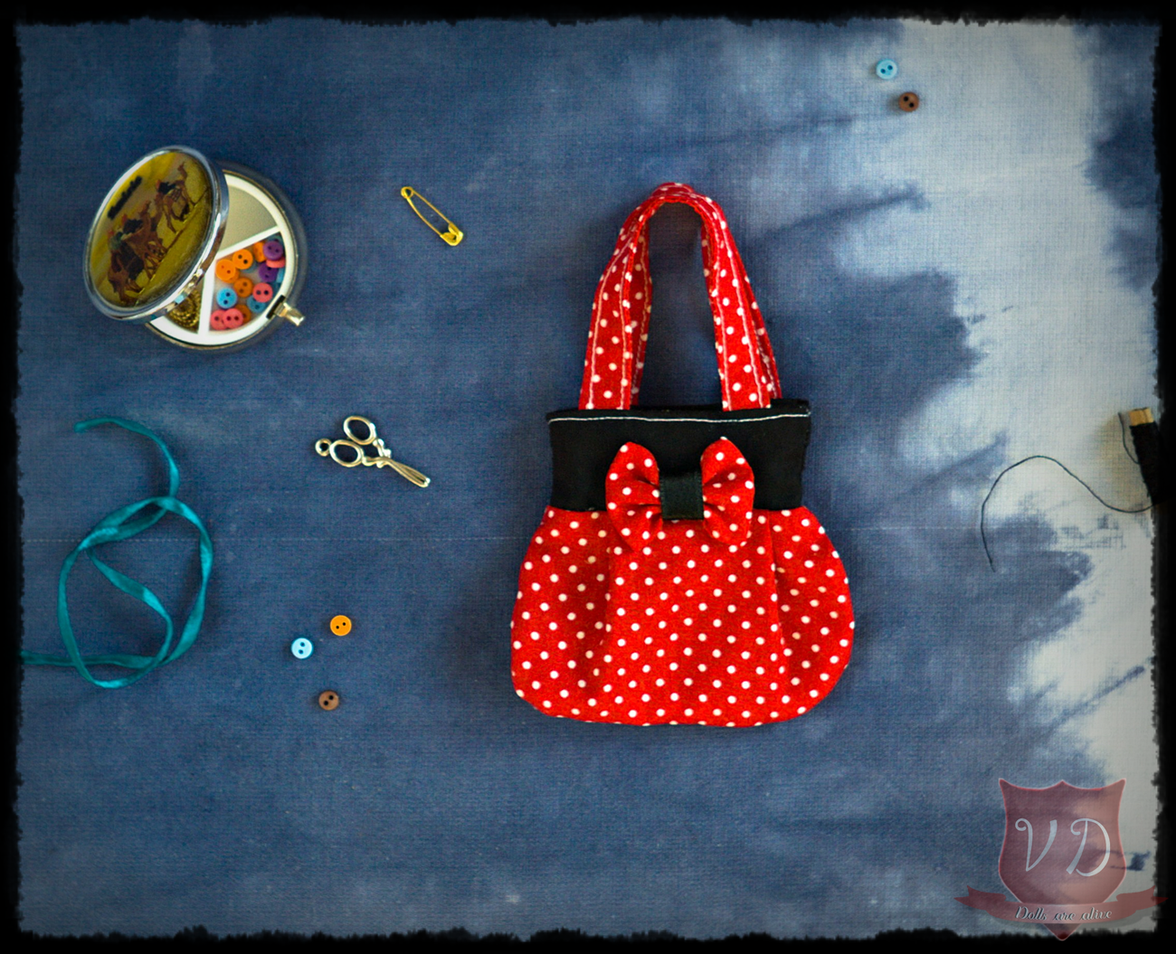 Red Polka Dotted Handbag Tote Bag with Bow for MSD, Minifee, 1/4 BJD