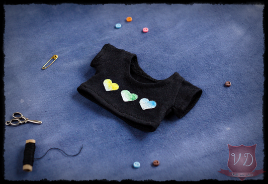 Colorful Hearts Pattern Black Crop Top, T-shirt for MSD, Minifee, 1/4 BJD