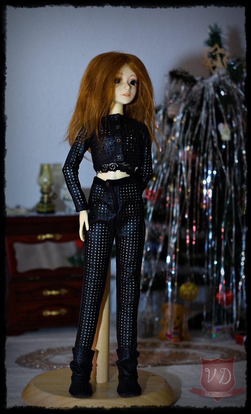 Black Faux Leather Button Crop Jacket, Cool Unique Girl Outfit for Slim MSD, Minifee, 1/4 BJD Doll