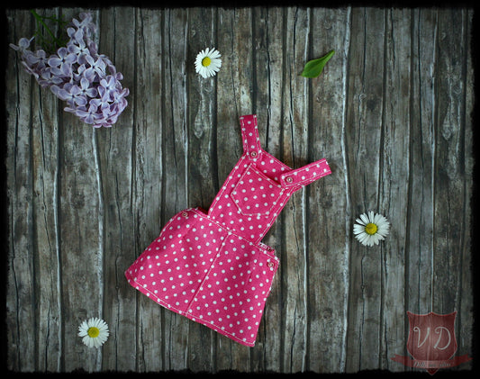 Pink/White Polka Dotted Pocket Bib Mini Skirt, Jumper Dress, Cute Dotty Summer Skirt with Straps for Slim MSD, Minifee, 1/4 BJD Doll