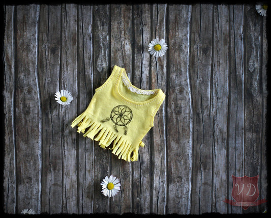 Dreamcatcher Pattern Boho Style, Fringe Crop Top, Sleeveless Cool Groovy Summer Fashion T-shirt in 2 Colours for Slim MSD, Minifee, 1/4 BJD Doll