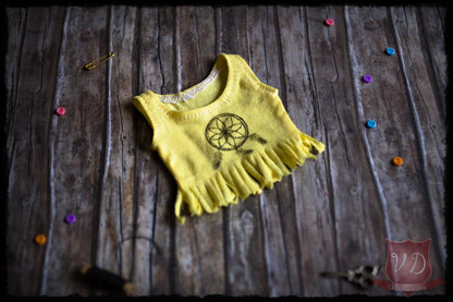 Dreamcatcher Pattern Boho Style, Fringe Crop Top, Sleeveless Cool Groovy Summer Fashion T-shirt in 2 Colours for Slim MSD, Minifee, 1/4 BJD Doll