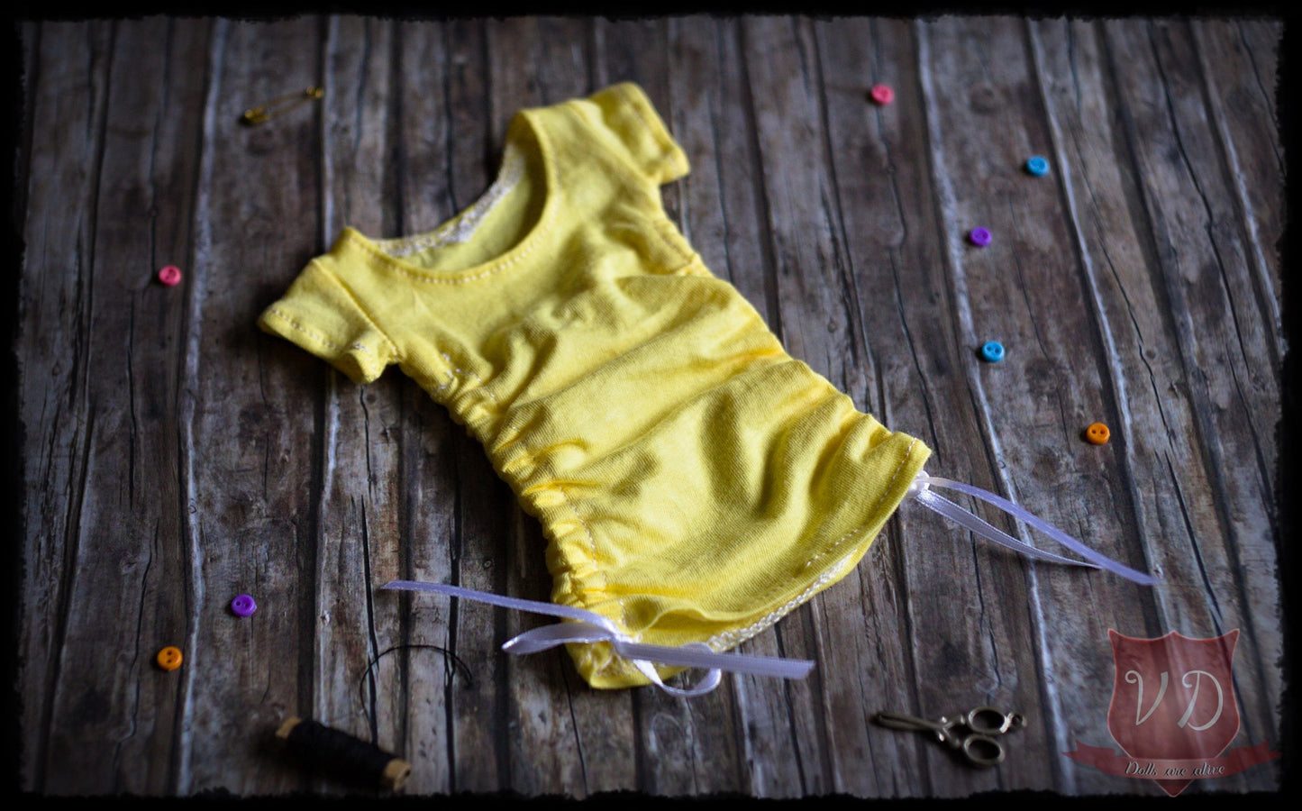 Yellow Drawstring Side Cinched Long Top, Cute Summer Mini Dress, Pretty Outfit for Slim MSD, Minifee, 1/4 BJD Doll