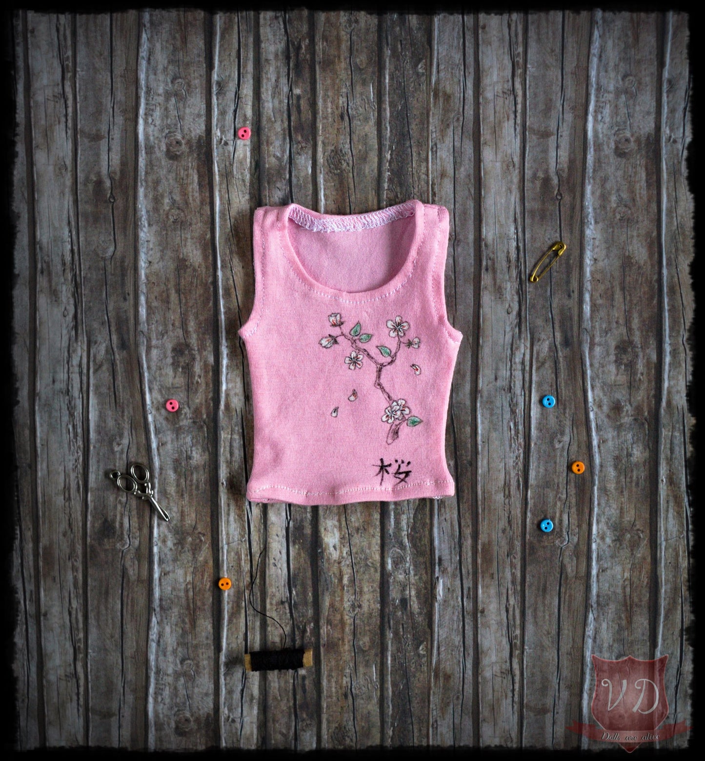 Pink Cherry Blossom Japanese Sakura Flower Pattern Elastic Tank Top, Cute Sleeveless T-shirt for Slim MSD, Minifee, 1/4 BJD Doll