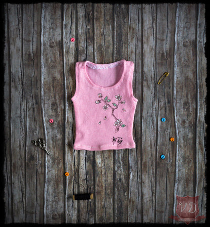 Pink Cherry Blossom Japanese Sakura Flower Pattern Elastic Tank Top, Cute Sleeveless T-shirt for Slim MSD, Minifee, 1/4 BJD Doll