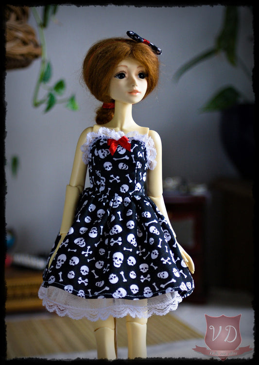 Rockabilly Black Skull Print, Punk Ruffle Lace-up, Pin Up Dress, Bow & Lace Trim Petticoat, Cool Pretty Girl Outfit for Slim MSD, Minifee, 1/4 BJD Doll