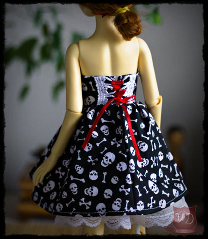 Rockabilly Black Skull Print, Punk Ruffle Lace-up, Pin Up Dress, Bow & Lace Trim Petticoat, Cool Pretty Girl Outfit for Slim MSD, Minifee, 1/4 BJD Doll