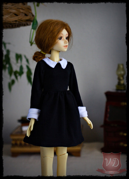 Classic Elegant Black Dress with White Collar & Cuffs for MSD, Minifee, 1/4 BJD