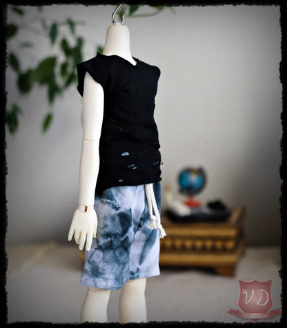 Black Punk Style Torn, Ripped Sleeveless Top, T-shirt for MSD, Minifee, 1/4 BJD