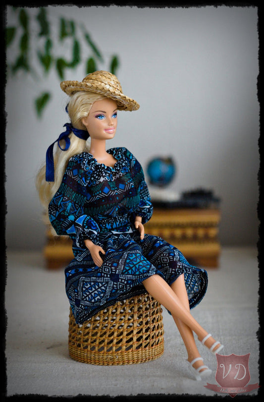 Blue Tribal Print Long Sleeve Ruffle Dress for Barbies, 1/6 dolls