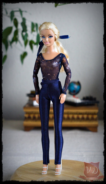 Rose Print Mesh Bodysuit & Dark Blue Shiny Leggins Set, Outfit for Barbies, 1/6 dolls