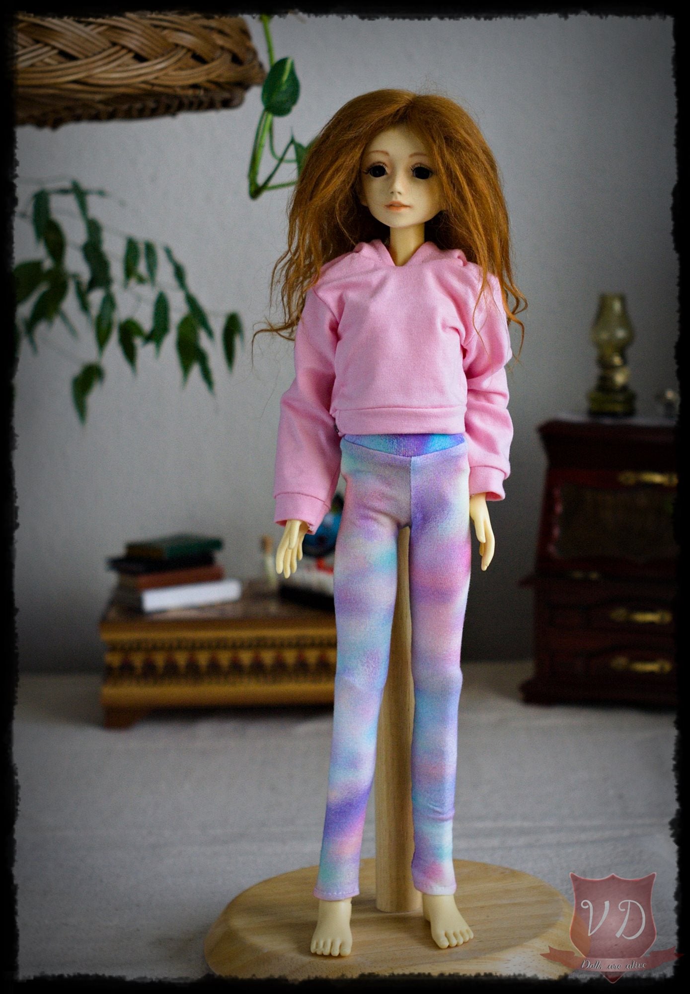 Rainbow Leggings & Pink Cropped Hoodie Sweater for MSD, Minifee, 1/4 BJD Doll