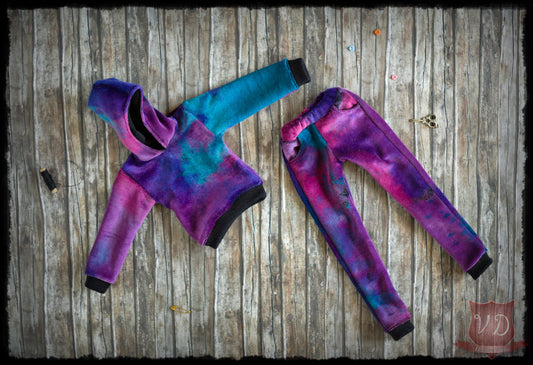 Bright Purple/Turquoise Velvet Tracksuit, Sweatpants & Hoodie Set, Outfit for MSD, Minifee, 1/4 BJD