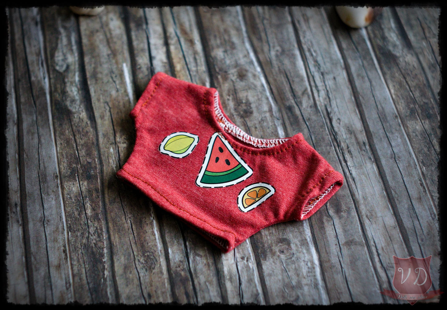 Red Fruits Print Loose Crop Top, T-shirt for MSD, Minifee, 1/4 BJD