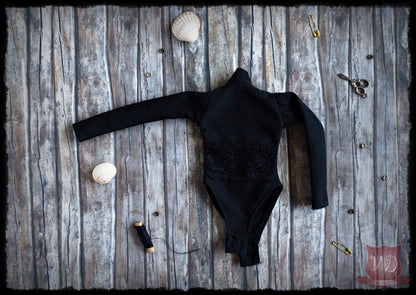 Black Lace Insert Open Back Elegant Semi-sheer Bodysuit for MSD, Minifee, 1/4 BJD