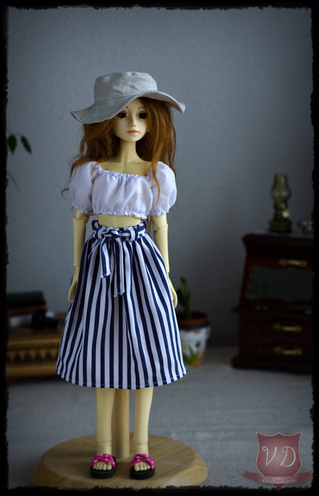 White/Blue Vertical Striped Midi Skirt with Belt, Pretty Summer Outfit for Slim MSD, Minifee, 1/4 BJD Doll