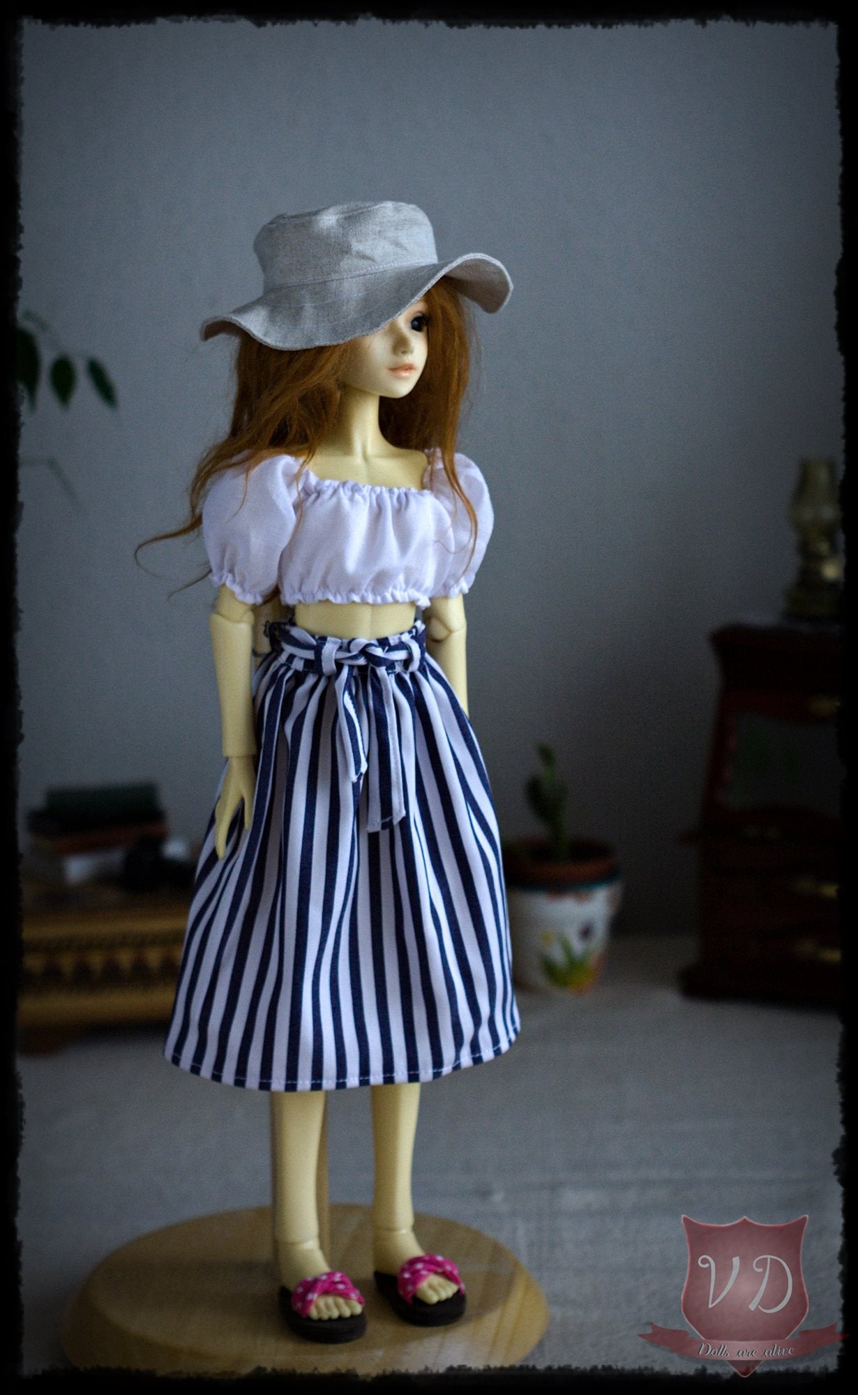 White/Blue Vertical Striped Midi Skirt with Belt, Pretty Summer Outfit for Slim MSD, Minifee, 1/4 BJD Doll