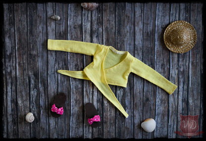 Yellow Long Sleeve Front Tie Cropped Shirt, Summer Knot Tie Crop Top for Slim MSD, Minifee, 1/4 BJD doll