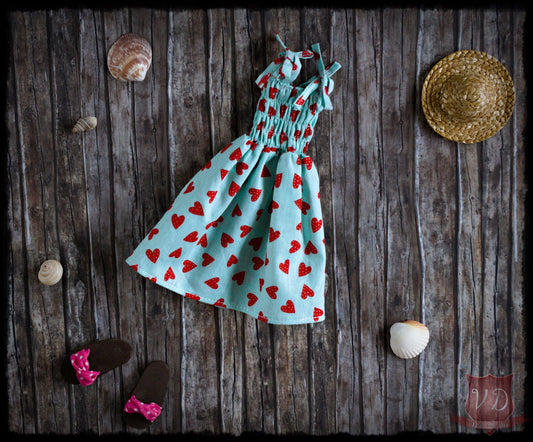 Mint Green Red Heart Print Tie Strap Smocked Bodice Dress, Cute Summer Girl Outfit for Slim MSD, Minifee, 1/4 BJD Doll