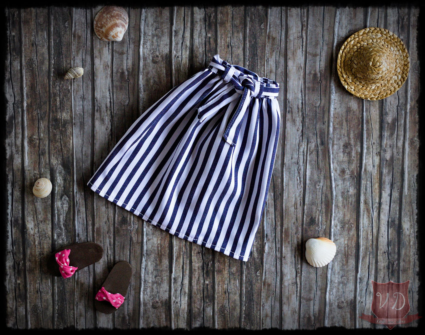 White/Blue Vertical Striped Midi Skirt with Belt, Pretty Summer Outfit for Slim MSD, Minifee, 1/4 BJD Doll