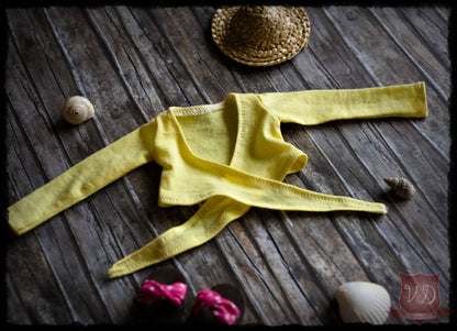 Yellow Long Sleeve Front Tie Cropped Shirt, Summer Knot Tie Crop Top for Slim MSD, Minifee, 1/4 BJD doll