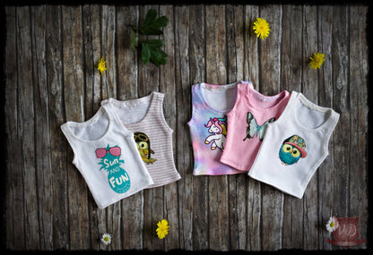 Basic Tank Top, Cute Pattern, One-of-a-kind T-shirt with Butterfly, Owl, Pony, Pineapple for Slim MSD, Minifee, 1/4 BJD Doll