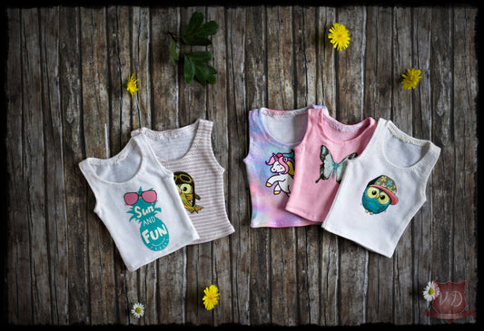 Basic Tank Top, Cute Pattern, One-of-a-kind T-shirt with Butterfly, Owl, Pony, Pineapple for Slim MSD, Minifee, 1/4 BJD Doll