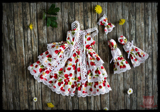 Strawberry Print Sweet Lolita Ruffled Frilly Lace Dress with Sleeves & Bow, Cute Girl Outfit, Set for Slim MSD, Minifee, 1/4 BJD Doll