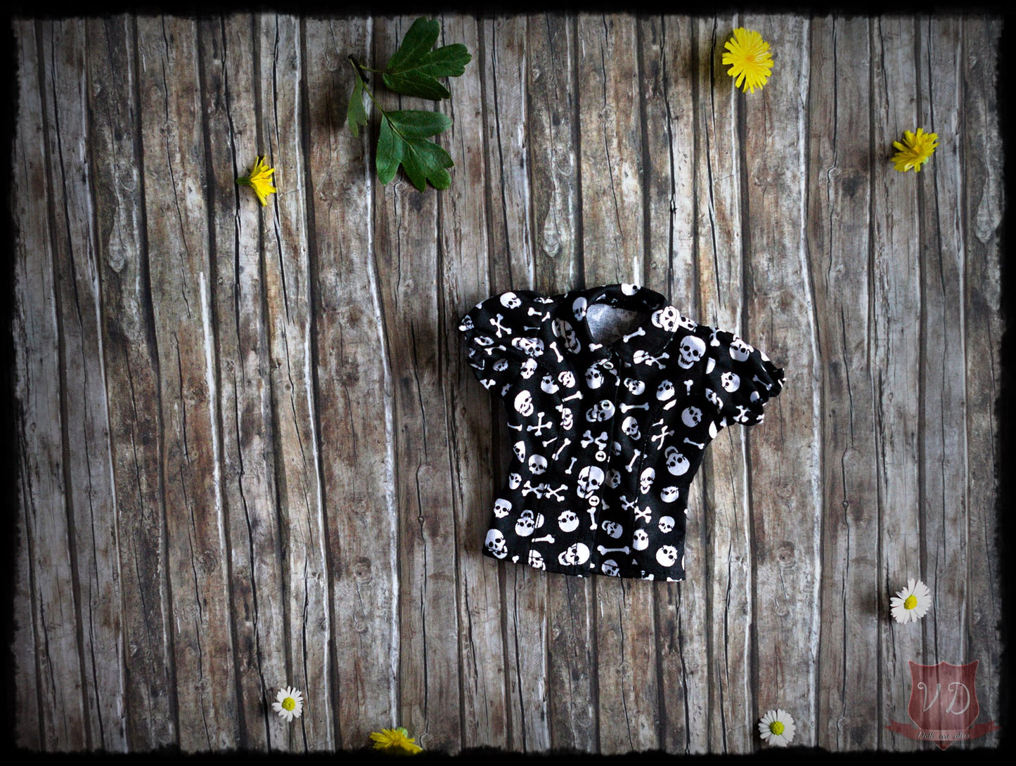 Black/White Skull Print Gothic Rock Puff-Sleeve Blouse, Cool Girl Fit Shirt for Slim MSD, Minifee, 1/4 BJD Doll