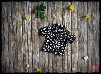 Black/White Skull Print Gothic Rock Boy Fit Short Sleeve Shirt, Cool Punk Style Button Top for Slim MSD, Minifee, 1/4 BJD Doll