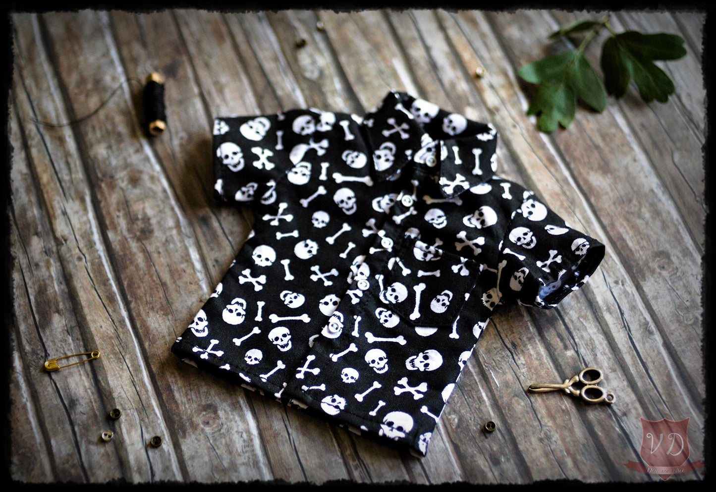 Black/White Skull Print Gothic Rock Boy Fit Short Sleeve Shirt, Cool Punk Style Button Top for Slim MSD, Minifee, 1/4 BJD Doll