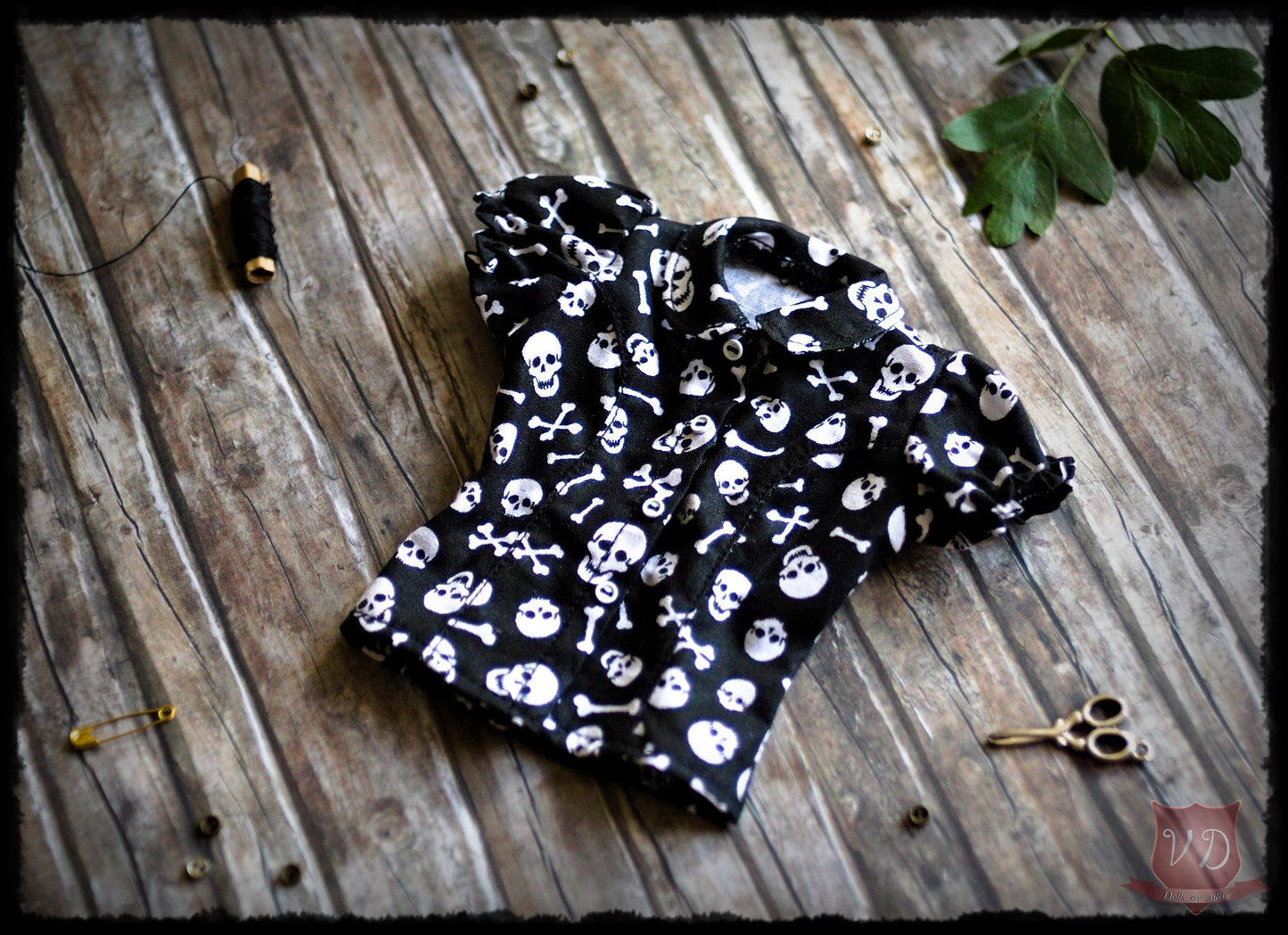 Black/White Skull Print Gothic Rock Puff-Sleeve Blouse, Cool Girl Fit Shirt for Slim MSD, Minifee, 1/4 BJD Doll