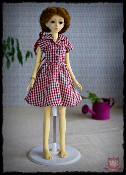 Red Gingham Vintage Retro Short Sleeve Button Front Dress, Pretty Girl Outfit for Slim MSD, Minifee, 1/4 BJD Doll