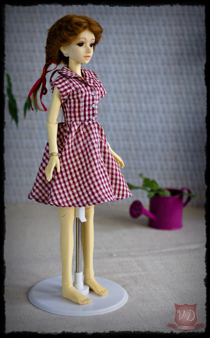 Red Gingham Vintage Retro Short Sleeve Button Front Dress, Pretty Girl Outfit for Slim MSD, Minifee, 1/4 BJD Doll