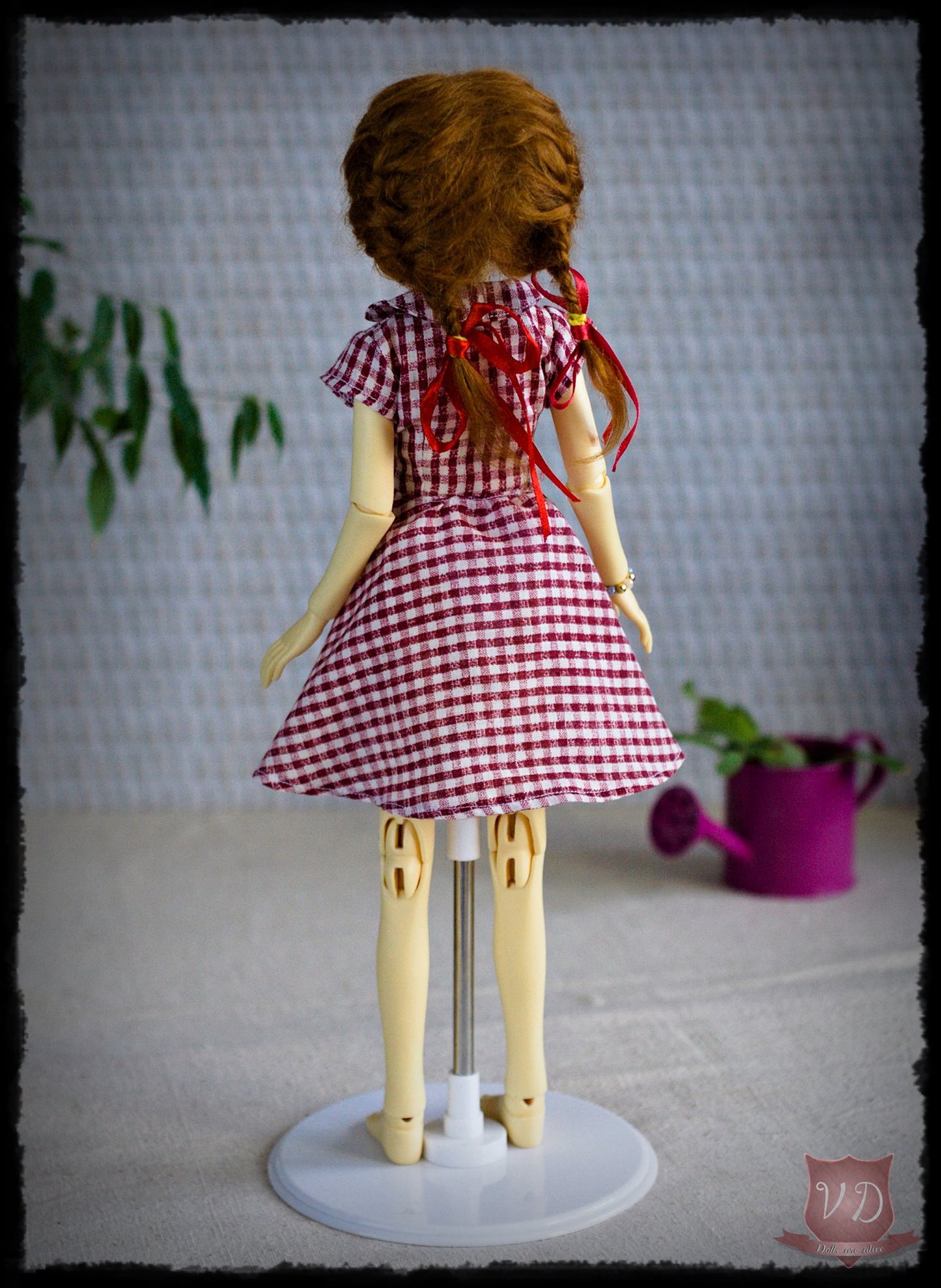 Red Gingham Vintage Retro Short Sleeve Button Front Dress, Pretty Girl Outfit for Slim MSD, Minifee, 1/4 BJD Doll