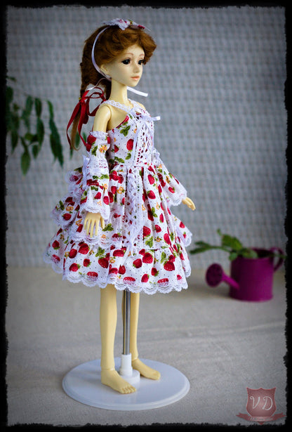 Strawberry Print Sweet Lolita Ruffled Frilly Lace Dress with Sleeves & Bow, Cute Girl Outfit, Set for Slim MSD, Minifee, 1/4 BJD Doll